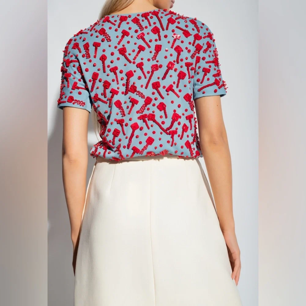 NWT $1298 Tory Burch Embellished Crewneck Top In Blue